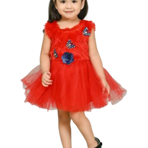 Printed fur frock with belt for baby girl